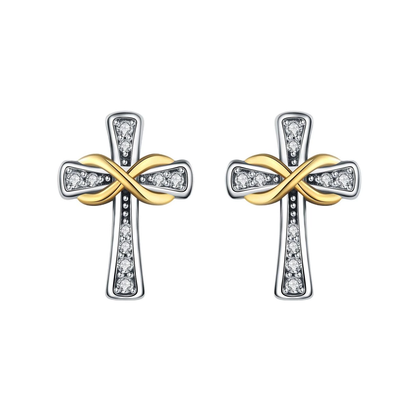 brinco cruz com infinito dourado