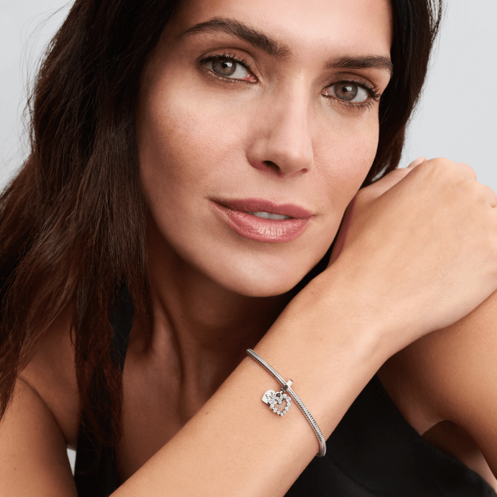 charm prata pendente coracao duplo brilhante