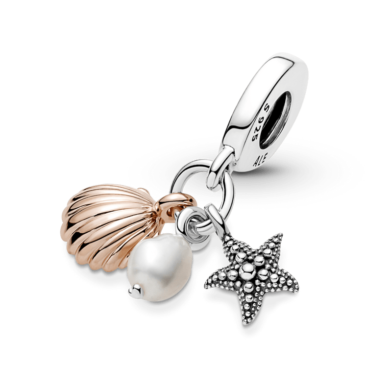 charm pendente triplo perola estrela do mar e concha