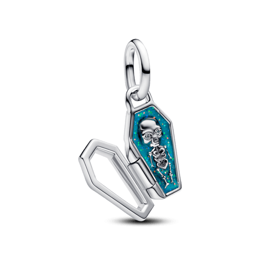 Charm Prata Esqueleto e Caixão Brilha no Escuro