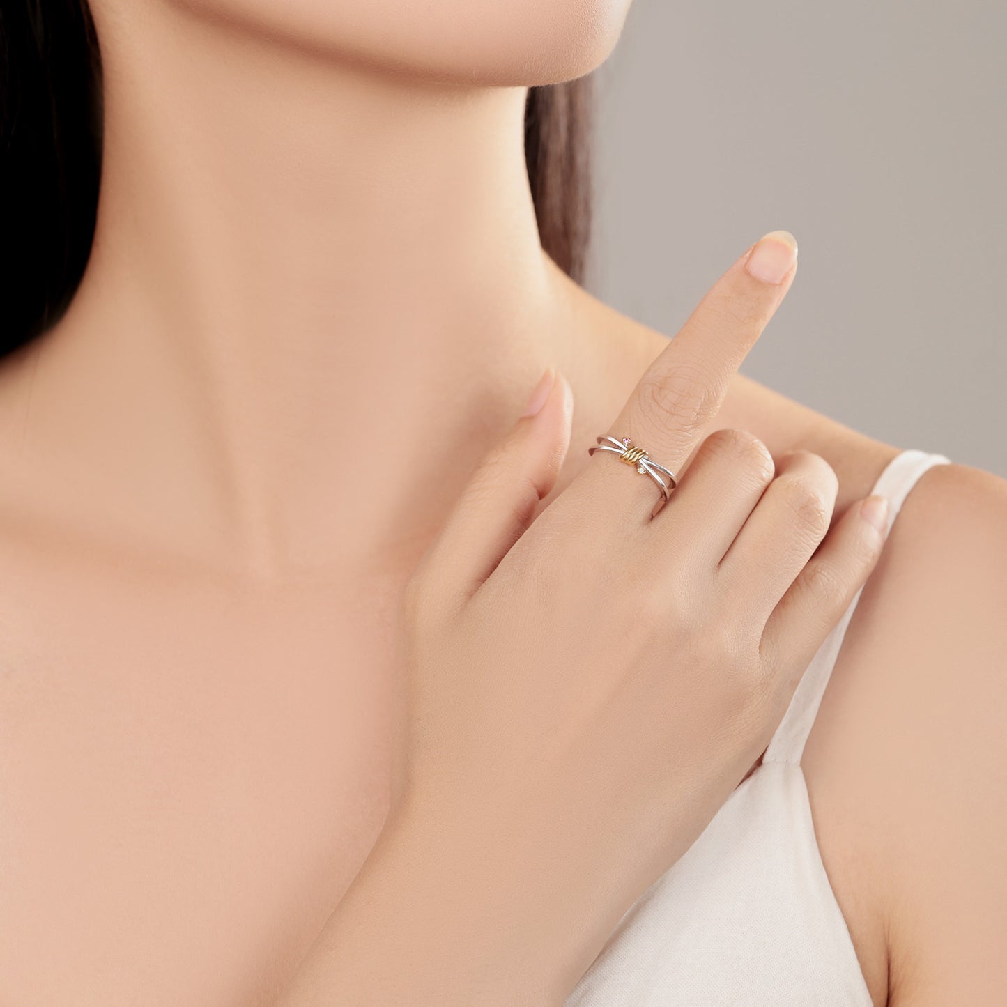 anel laço de ouro e prata