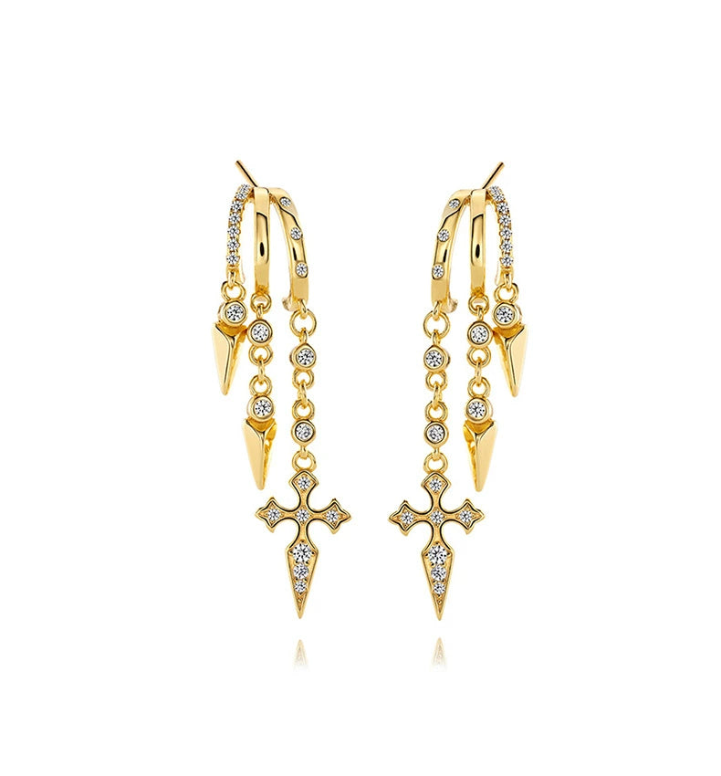 brinco argola cruz e adaga dourada