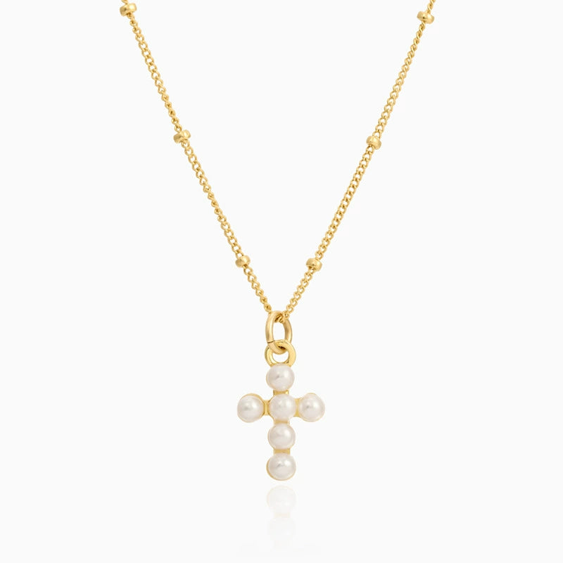 colar dourado cruz de pérolas