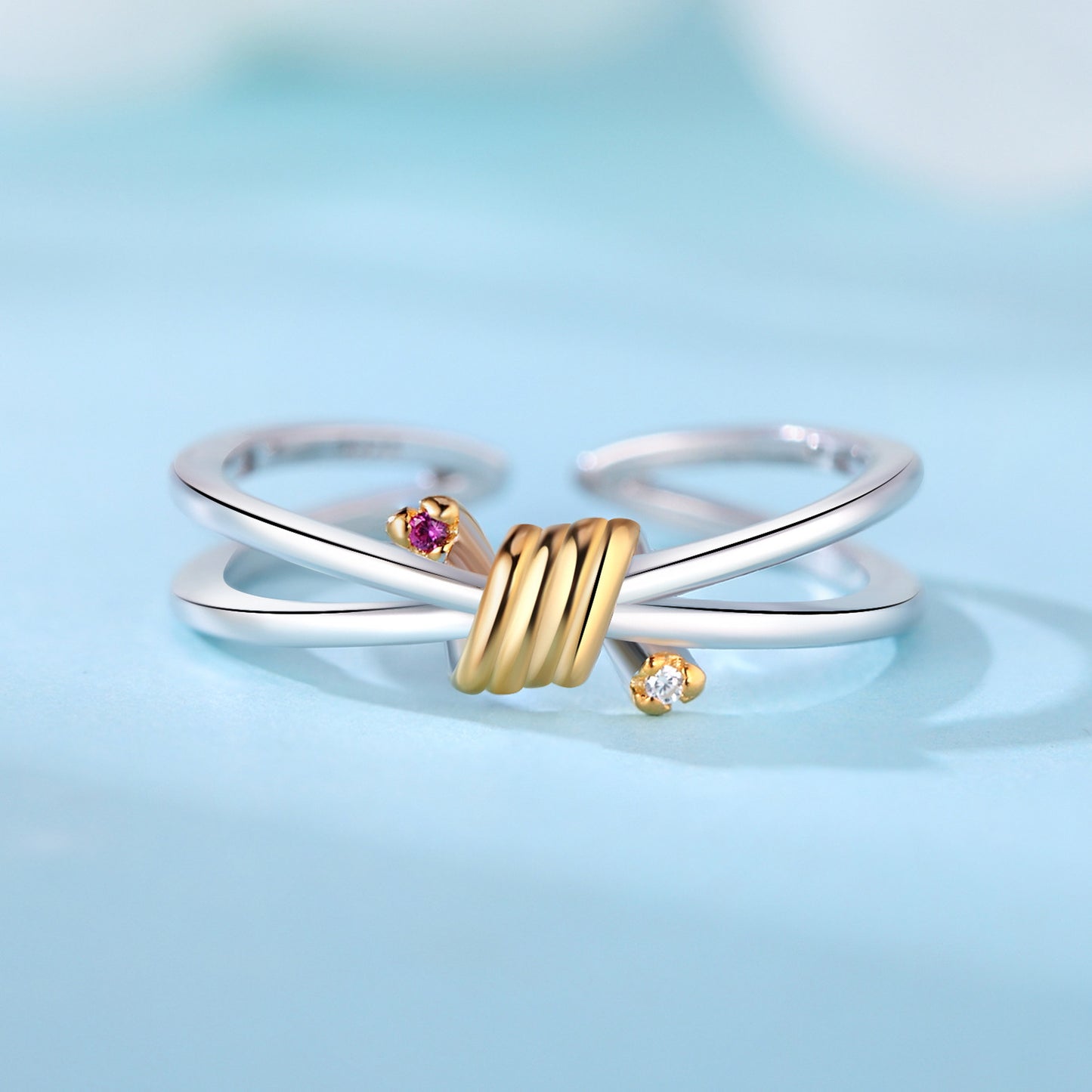 anel laço de ouro e prata