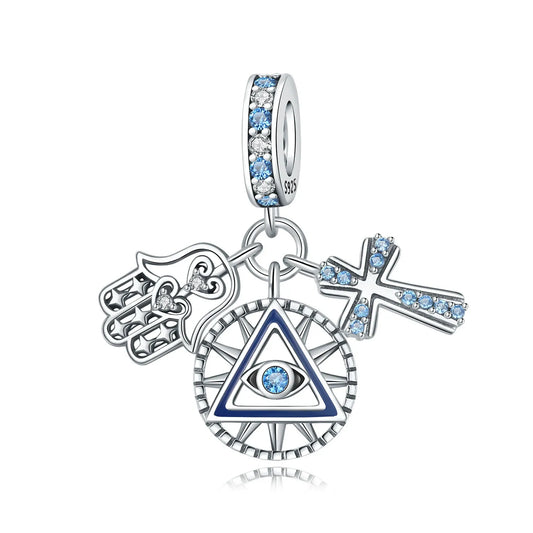 Berloque Pendente Cruz com a Mão de Fátima e o Mau Olhado