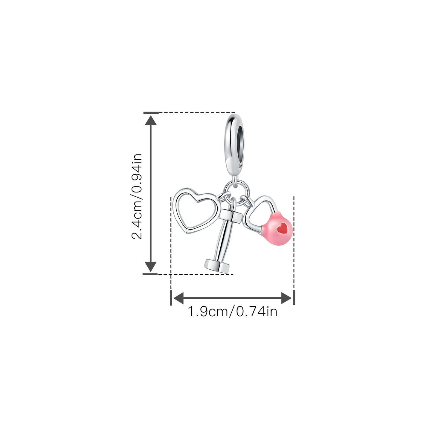 berloque coração com haltere e kettlebell